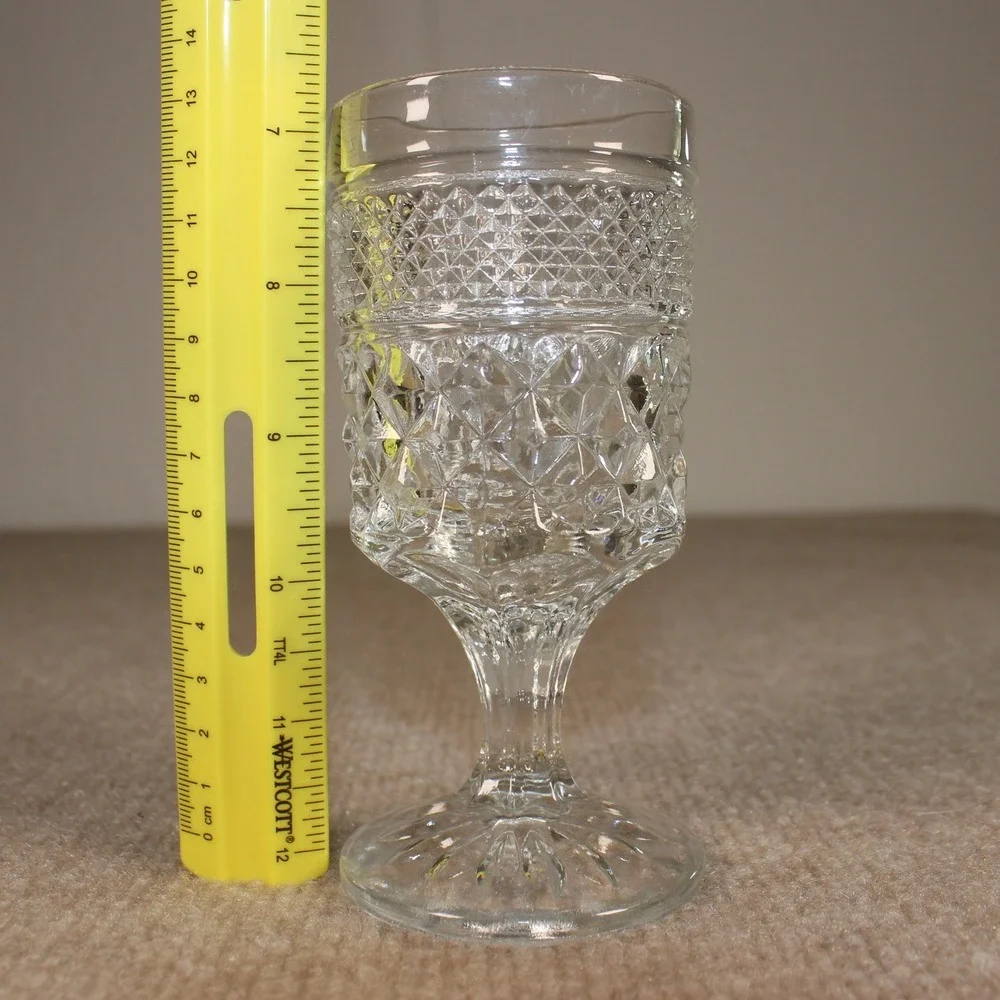 Vintage Clear Pressed Glass Goblet Diamond Point Waffle Pattern Stemmed Glass